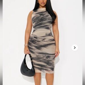 Marble-Print Mesh Midi Dress